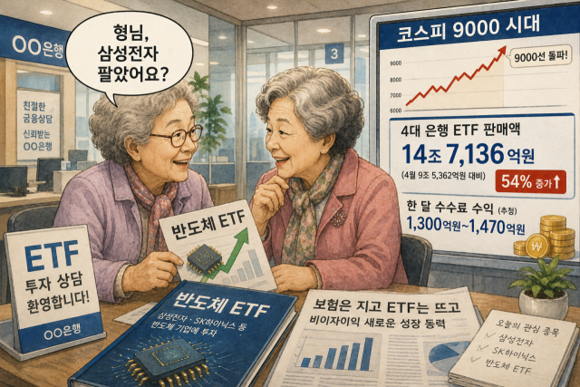 은행 창구를 찾은 70~80대 투자자들 사이에서는 삼성전자와 반도체 ETF가 새로운 화두로 떠올랐다. /AI 생성 이미지