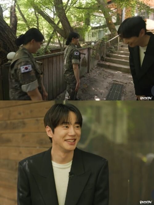 배우 이준영이 현역 군인들을 만나 어색한 인사를 건넨 뒤 무안한 표정을 지었다. / tvN '유퀴즈' 