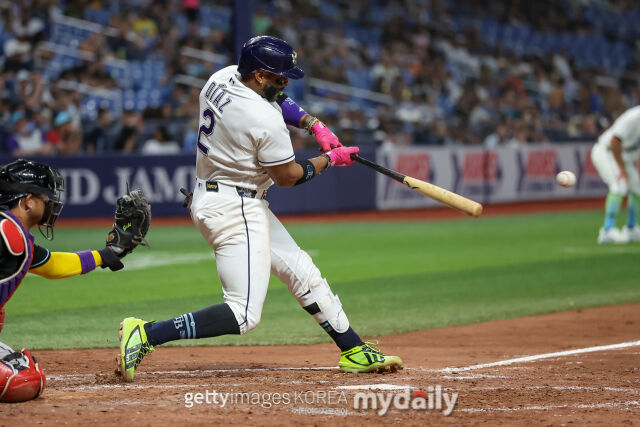 MLB 탬파베이에서 뛰고 있는 얀디 디아스는 27일(한국시각) 열린 애리조나와 홈 경기에서 3타수 2안타로 멀티 히트를 쳤다./게티이미지코리아