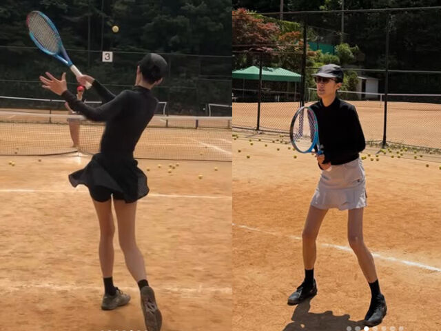 홍진경이 야외에서 테니스를 치며 몸매 관리에 나섰다. / 홍진경 소셜미디어