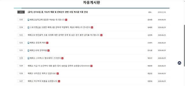 배재고 징계를 요구하는 항의글./대한야구소프트볼협회 홈페이지