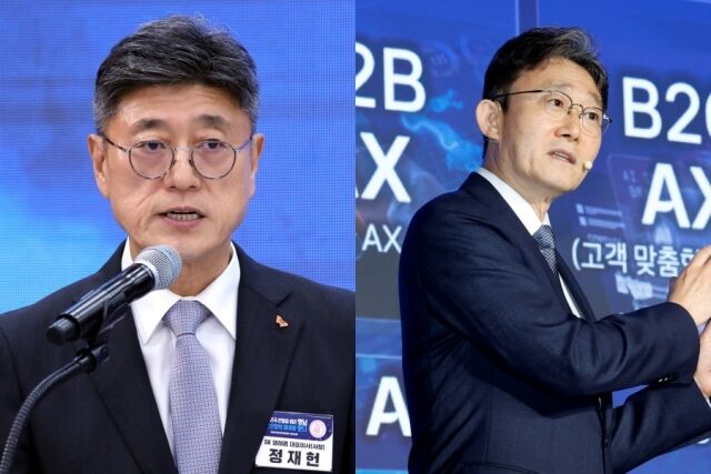 정재헌 SK텔레콤 사장(왼쪽)과 박윤영 KT 대표. 정재헌 사장은 지난 3일 경남 진주에서 열린 영남권 첨단산업 발전비전 국민보고회에서 투자계획을 발표했고, 이어 박 대표가 6일 서울 광진구 풀만 앰배서더 이스트폴에서 열린 취임 후 첫 기자간담회에서 'AX(인공지능 전환) 플랫폼 컴퍼니' 전략을 공개했다. /뉴시스