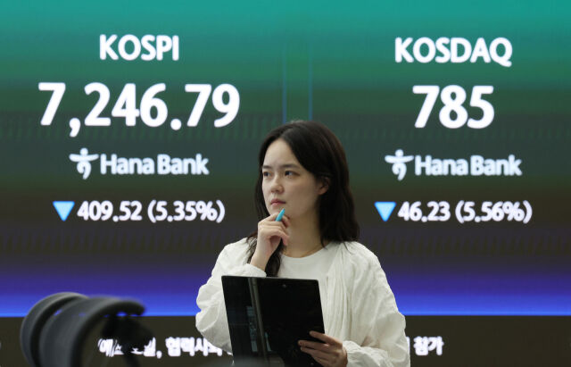 코스피·코스닥이 5%대 하락 마감한 8일 서울 중구 하나은행 딜링룸에서 딜러들이 업무를 보고 있다. /뉴시스