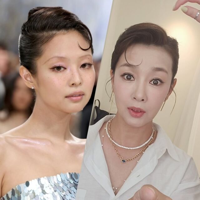 그룹 블랙핑크 멤버 제니(왼쪽)의 헤어스타일을 방송인 김원희가 도전했다. / 김원희 소셜미디어 
