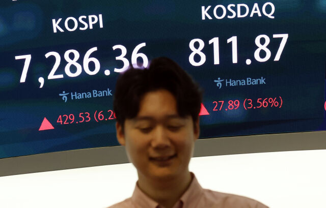 15일 오전 서울 중구 하나은행 본점 딜링룸 전광판에 코스피가 표시되고 있다. /뉴시스