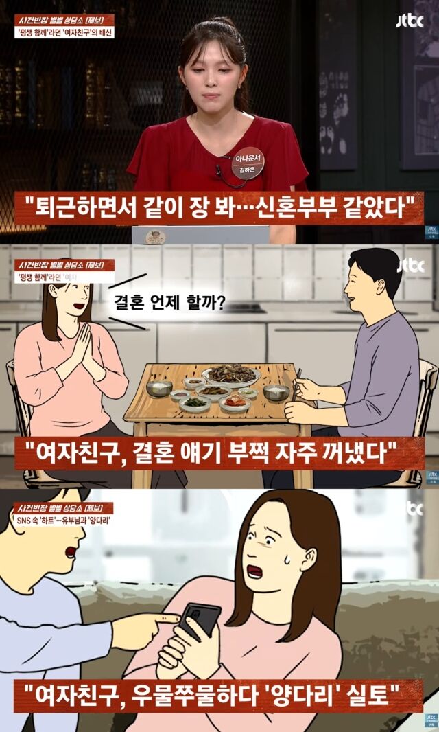 지난 15일 JTBC '사건반장'에는 결혼을 준비하던 여자친구가 유부남과 부적절한 관계를 맺고 있었다는 A 씨의 사연이 소개돼 충격을 줬다./JTBC '사건반장'