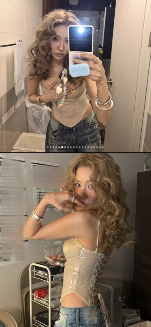 가수 선미가 대기실 거울을 이용해 셀카를 찍으며 은밀하게 가슴 쪽으로 손을 가져다 대는 등 아슬아슬한 수위를 넘나들었다./선미 소셜미디어