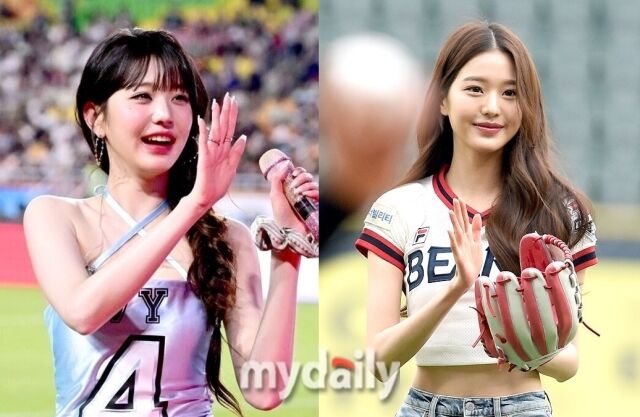 그룹 아이브 멤버 장원영의 시축과 시구 당시 모습 / 마이데일리