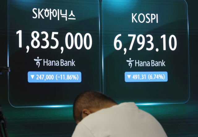 16일 오전 서울 중구 하나은행 딜링룸 전광판에 코스피 지수와 SK하이닉스 주가가 표시되고 있다. /뉴시스