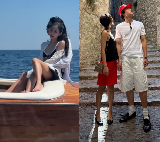 그룹 블랙핑크 멤버 겸 가수 제니와 모델 카이가 신곡 관련 콘텐츠를 찍고 있다. / 제니 소셜미디어
