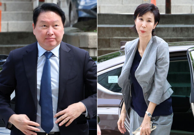 최태원(왼쪽사진) SK그룹 회장과 노소영 아트센터 나비 관장이 지난 6월 26일 오전 서울 서초구 서울고법에서 열린 재산 분할 소송 파기환송심 2차 변론기일에 출석하고 있다. /뉴시스