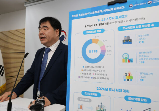 채규한 식품의약품안전처 마약안전기획관이 24일 오전 충북 청주시 식약처 브리핑실에서 2025년 하수 내 불법 마약류 조사 결과를 발표하고 있다. 조사결과 하수처리장과 상위배수분구, 인구밀집지역 전체 하수 시료에서 메트암페타민(필로폰) 등 총 31종의 불법 마약류와 졸피뎀 등 25종의 의료용 마약류가 검출됐다. /뉴시스