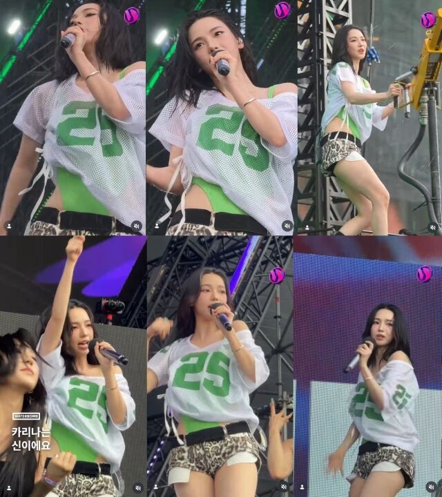 그룹 에스파(aespa) 카리나가 완벽한 비율과 신이 내린 골반 라인을 자랑하며 ‘워터밤’ 현장을 뜨겁게 달궜다./워터밤 공식 소셜미디어