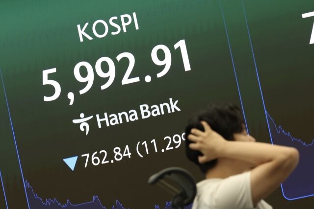 코스피가 장중 6000선이 붕괴된 28일 오후 서울 중구 하나은행 딜링룸에 코스피 지수가 표시돼 있다. /뉴시스