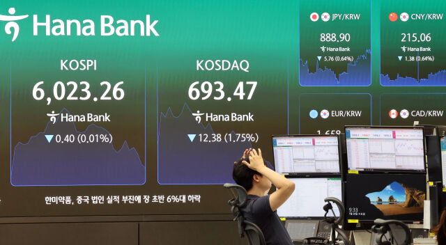 29일 오전 서울 중구 하나은행 딜링룸 전광판에 700선 아래로 내려간 코스닥지수가 표시되고 있다. /뉴시스