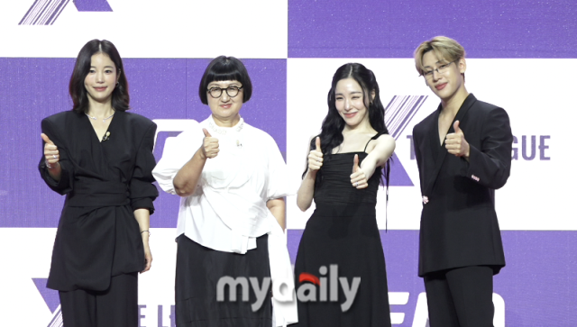 기은세(왼쪽부터), 노희영, 티파니 영, 뱀뱀이 30일 서울 상암 큐브컨벤션센터에서 진행된 ENA 신규 예능 '엑스 더 리그' 제작발표회에 참석했다. / 마이데일리