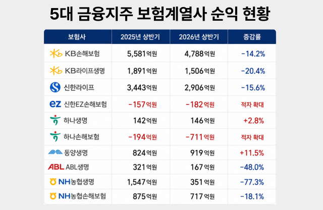 5대 금융그룹(KB·신한·하나·우리·NH농협) 산하 보험사 10곳의 올해 상반기 합산 순이익은 1조607억원으로 지난해 같은 기간(1조4273억원)보다 25.7% 감소했다. /AI 이미지 편집