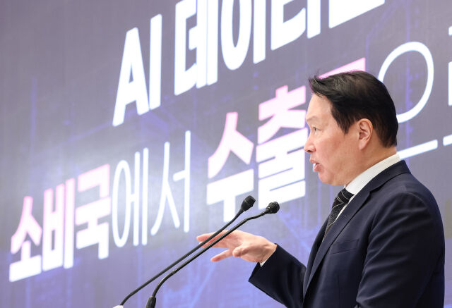최태원 SK 회장이 지난 6월 청와대 영빈관에서 열린 ‘대한민국 대도약 3대 메가프로젝트 국민보고회’에서 투자 계획 발표를 하고 있다. /뉴시스