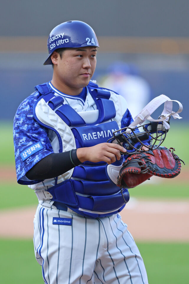 김도환이 포수 장비를 착용하고 있다./삼성 라이온즈 제공