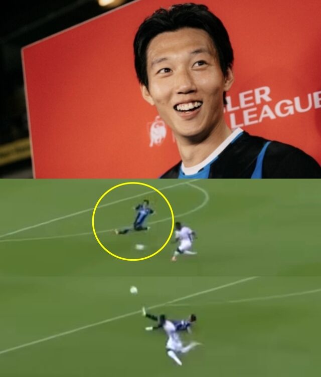 이한범(클럽 브뤼헤)이 8일(이하 한국시각) 벨기에 브뤼헤의 얀 브레이델 스타디움에서 펼쳐진 코르트레이크와의 2026~2027시즌 벨기에 프로축구 주필러리그 개막전에서 환상적인 태클로 실점을 막아냈다./중계 화면 캡쳐