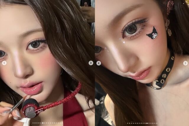 가장 먼저 눈길을 끄는 것은 장원영의 화장법이다. 장원영은 눈앞머리와 눈꺼풀에 화려한 글리터 포인트로 극강의 화사함을 연출했다. /장원영 소셜미디어