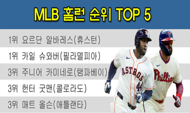 MLB 홈런왕 전쟁이 점입가경이다. 알바레스(왼쪽)와 슈와버가 35홈런으로 공동 선두를 달리고 있다. /그래픽=심재희 기자