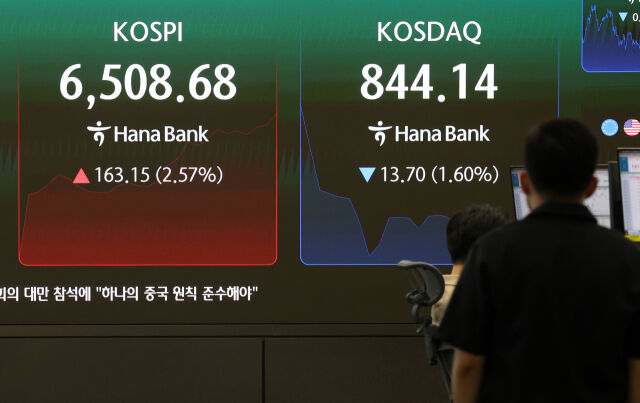 12일 오전 서울 중구 하나은행 딜링룸 전광판에 지수가 표시되고 있다. /뉴시스