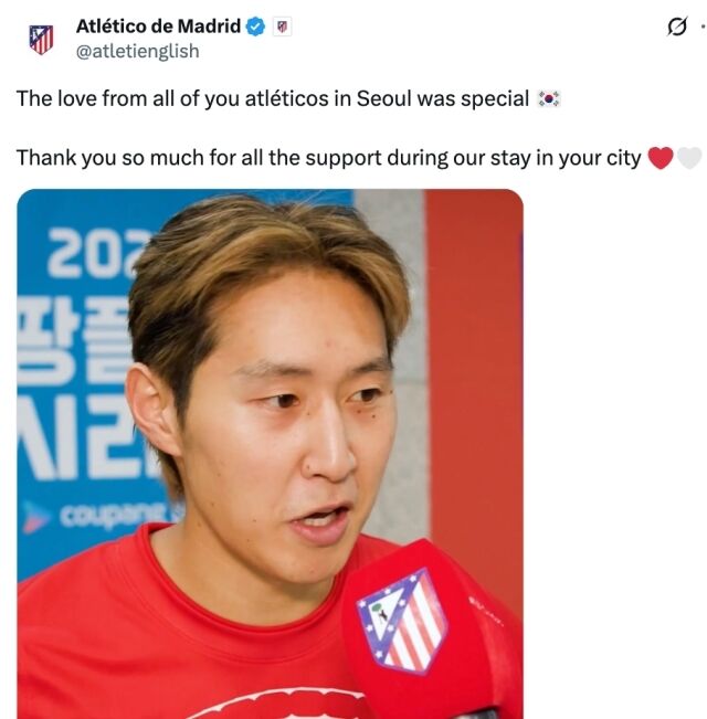 아틀레티코 마드리드가 12일 구단 공식 SNS에 이강인의 인터뷰 영상과 함께 한국 팬들을 향한 고마움을 전했다./아틀레티코 SNS 제공