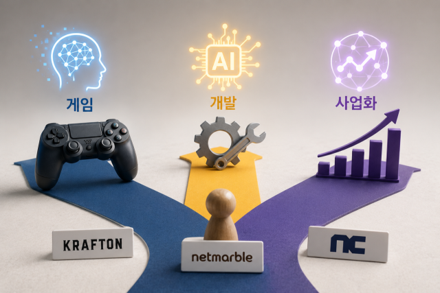 크래프톤·넷마블·엔씨가 인공지능(AI) 투자를 확대하고 있지만 활용 방식은 서로 다르게 전개되고 있다. /AI 생성 이미지