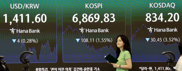 18일 오후 서울 중구 하나은행 본점 딜링룸에서 딜러가 업무를 보고 있다. /뉴시스