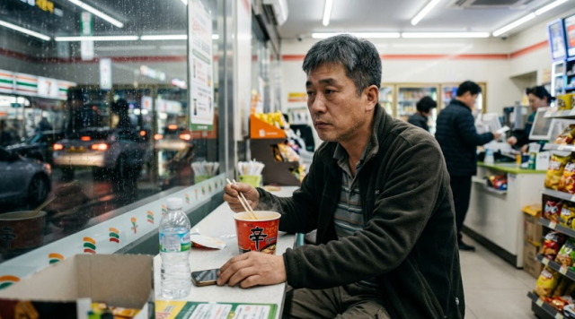 편의점에서 혼자 라면을 먹는 기러기 아빠. 기사의 이해를 돕기 위한 이미지로 기사의 특정 사실과 관련 없음./AI 이미지