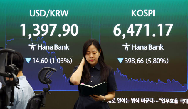 19일 서울 중구 하나은행 본점 딜링룸 전광판에 코스피, 원·달러 환율 등이 표시돼 있다. /뉴시스