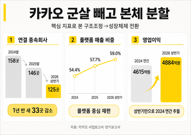 카카오 연결 종속회사, 플랫폼 매출 비중, 영억익 그래프. /내용 정리: 박성규 기자, AI 생성 이미지