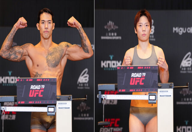 송영재(왼쪽)와 박보현이 27일 계체 행사에서 포즈를 취하고 있다. /UFC 제공