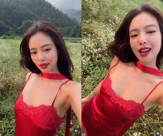제니가 강렬한 레드 스타일링으로 독보적인 분위기를 완성했다. / 제니 SNS
