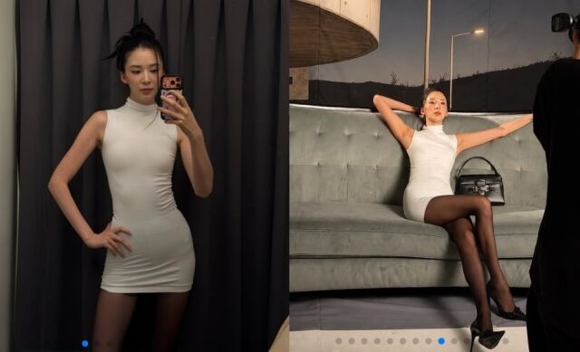 화보 촬영 현장으로 보이는 사진 속 아이린은 몸매가 고스란히 드러나는 초밀착 화이트 민소매 미니 원피스를 입고 카메라 앞에 섰다./아이린 소셜미디어