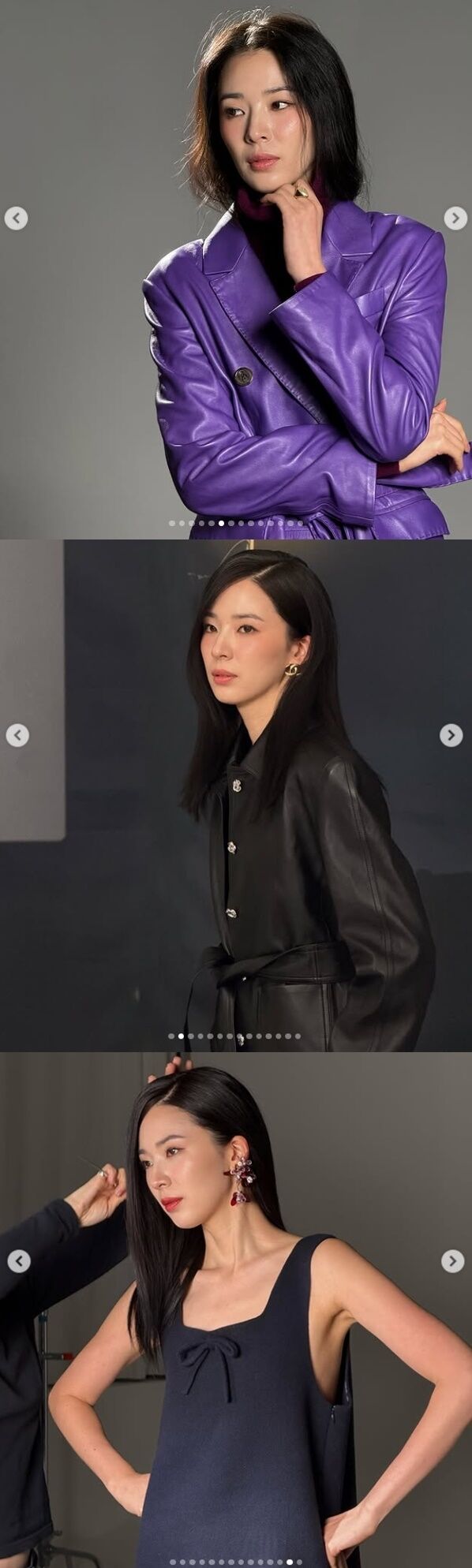 이어 아이린은 강렬한 보라색 가죽 재킷, 고급스러운 광택이 돋보이는 블랙 가죽 롱 코트, 네이비 민소매 원피스 등을 소화하며 가을 분위기의 패션을 완성했다./아이린 소셜미디어