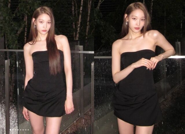 애니는 야심한 밤, 세련된 야외 공간을 배경으로 '올블랙' 스타일링을 선보였다. /애니 소셜미디어