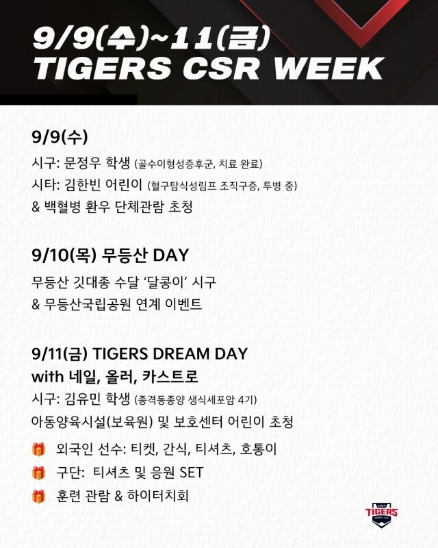 KIA 타이거즈가 9~11일 홈 경기서 CSR 위크를 개최한다./KIA 타이거즈 제공