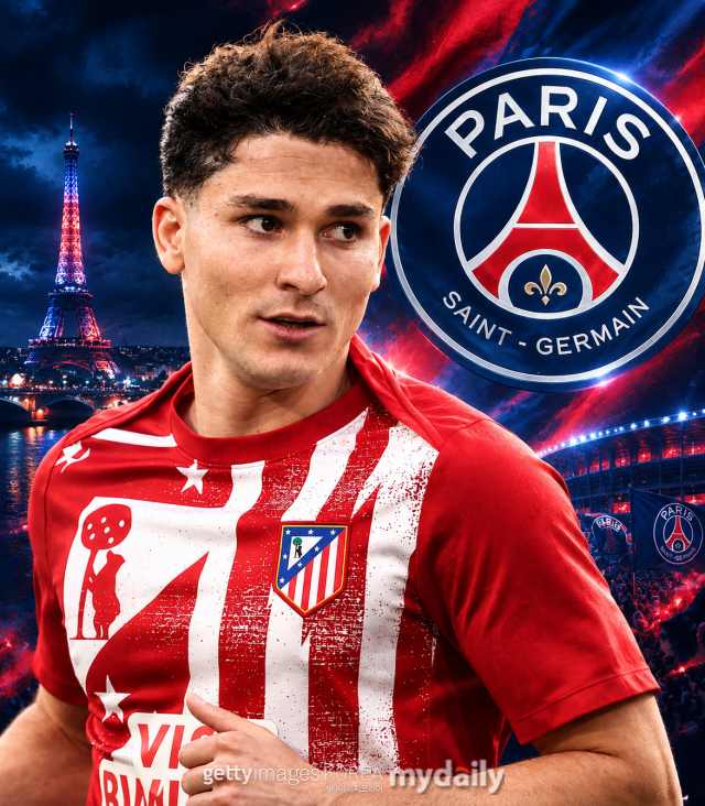 5일 스페일 '엘나치오날'에 따르면 파리 생제르망(PSG)이 훌리안 알바레스(아틀레티코 마드리드) 영입을 노린다./게티이미지코리아·AI생성이미지