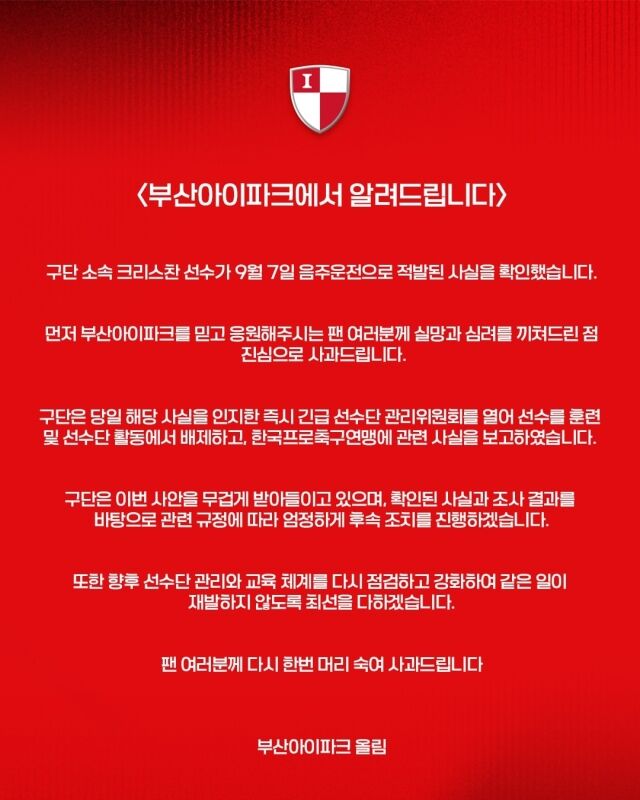 부산 아이파크가 8일 구단 성명서를 통해 크리스찬 음주운전 사건에 대해 사과했다./부산 제공