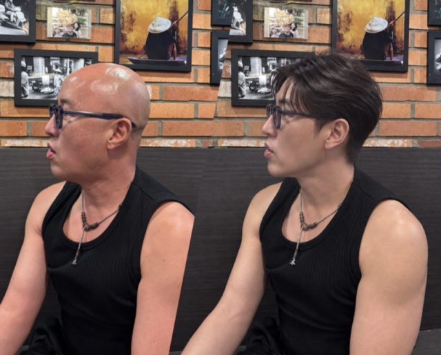 홍석천이 트레이드마크인 민머리를 벗어나 풍성한 헤어스타일로 변신한 모습을 공개했다. / 홍석천 SNS
