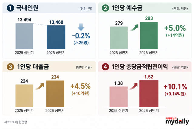 상반기 농협은행 인력은 사실상 그대로인데 직원 1인당 영업 규모와 이익 창출력은 동반 개선됐다. /그래픽=최주연 기자