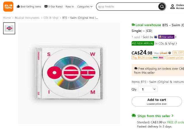 테무에서 판매중인 BTS 'SWIM' 싱글 CD / 사이트 캡처