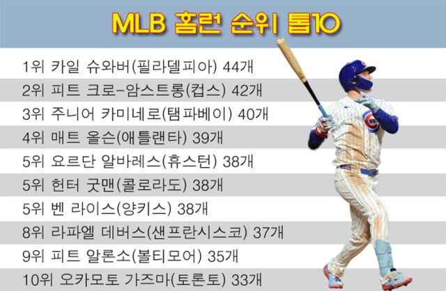 PCA가 홈런 2위를 지키며 1위 슈와버와 차이를 2개로 줄였다. /그래픽=심재희 기자