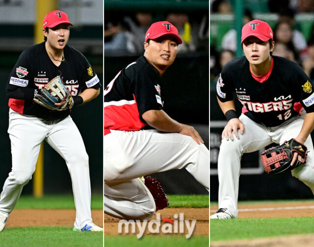 KIA 3루수로 출전한 이호연, 변우혁, 정현창(왼쪽부터) / 인천 = 유진형 기자 zolong@mydaily.co.kr