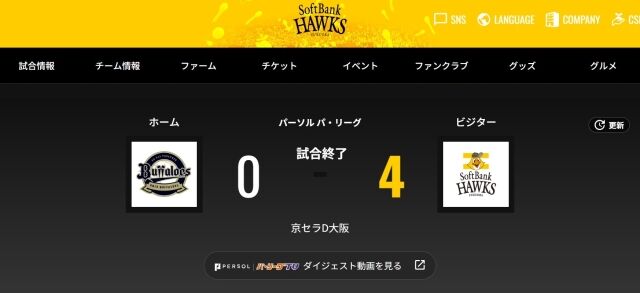 일본 프로야구 소프트뱅크는 16일 열린 오릭스와 원정 경기에서 4-0으로 승리를 거두며 센트럴리그 1위 확정에 필요한 매직 넘버를 2로 줄였다./소프트뱅크 호크스 구단 공식 홈페이지 캡처