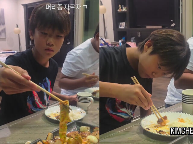 이시안이 미국에서 훈련 후 삼겹살에 김치를 먹고 있다. / 이수진 소셜미디어