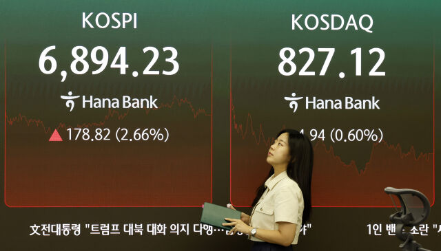 18일 서울 중구 하나은행 딜링룸 전광판에 주요 지수가 표시 되고 있다. /뉴시스