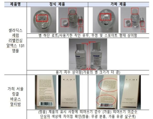 중국산 가짜 화장품과 정품 비교. /식품의약품안전처